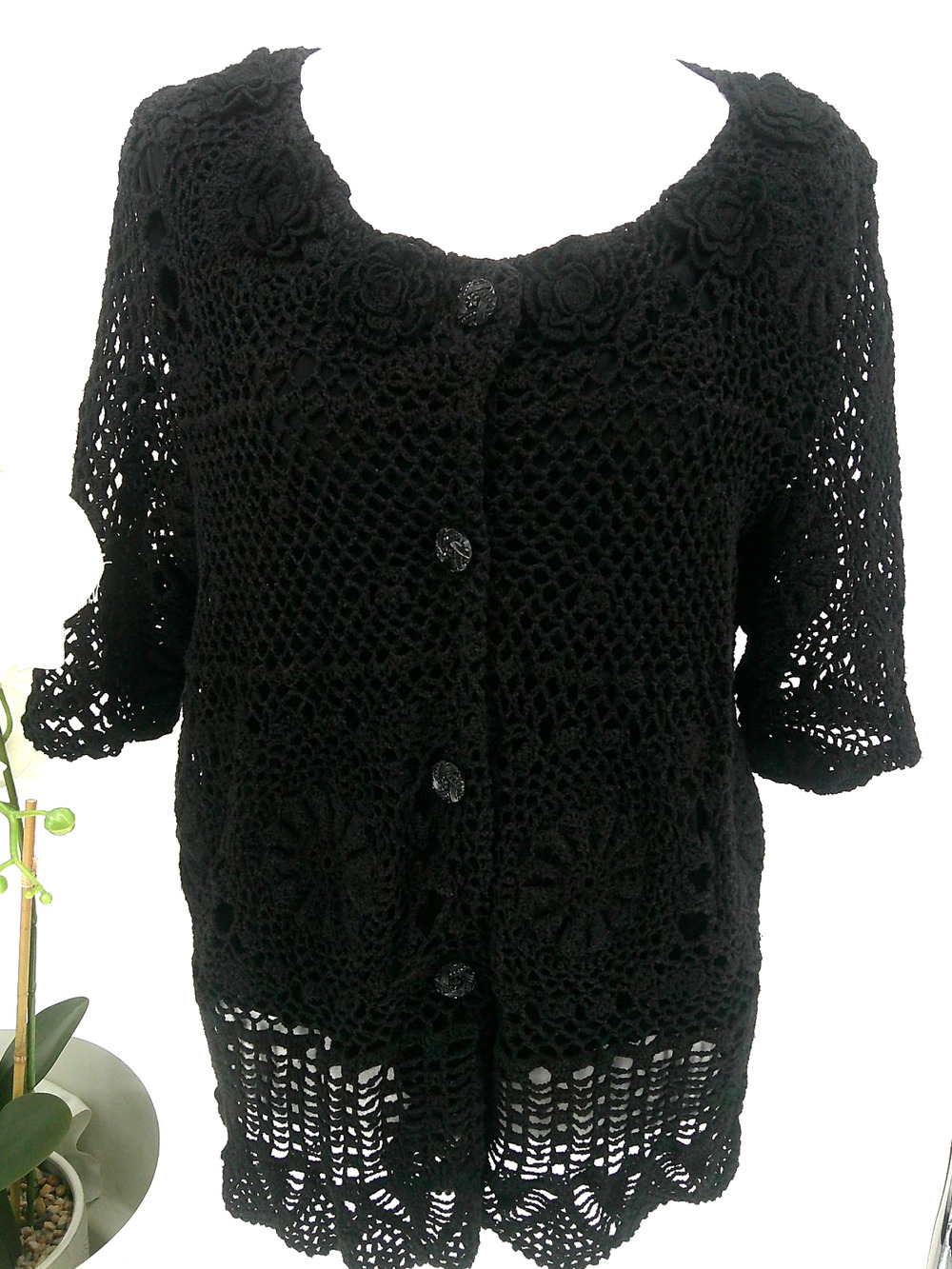 Nicole Marie Womens Size M Black Crochet Floral Boho Cardigan Sweater Top